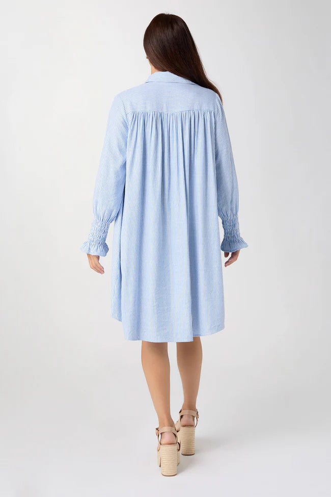 blue and white striped dress with pockets Women's Blue And White Cotton Blend Striped Shirt Dress With Red Chest Modesees