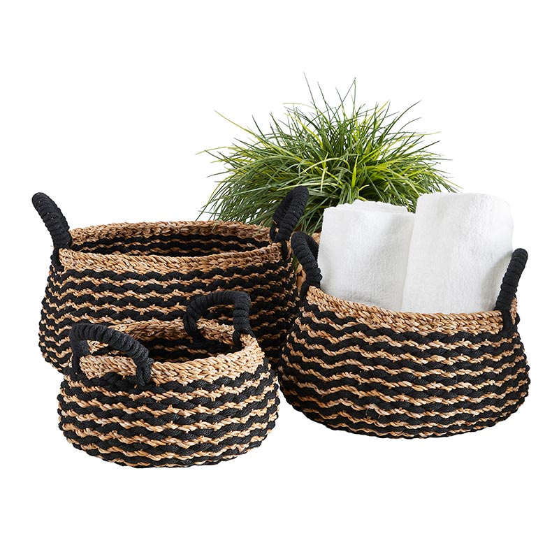 Black Stripe Round Seagrass Baskets | Cornell's Country Store