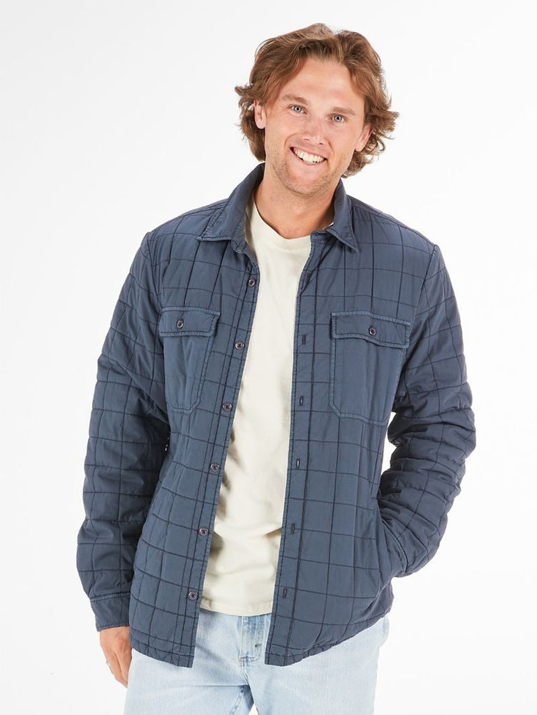 Navy quilted Simply Southern men’s Hunter shacket with chest and side pockets