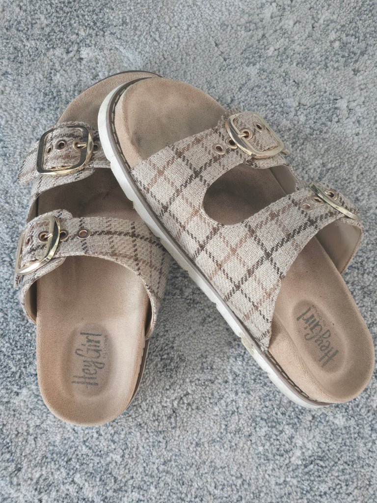 corkys fall sandals with plaid and gold buckles