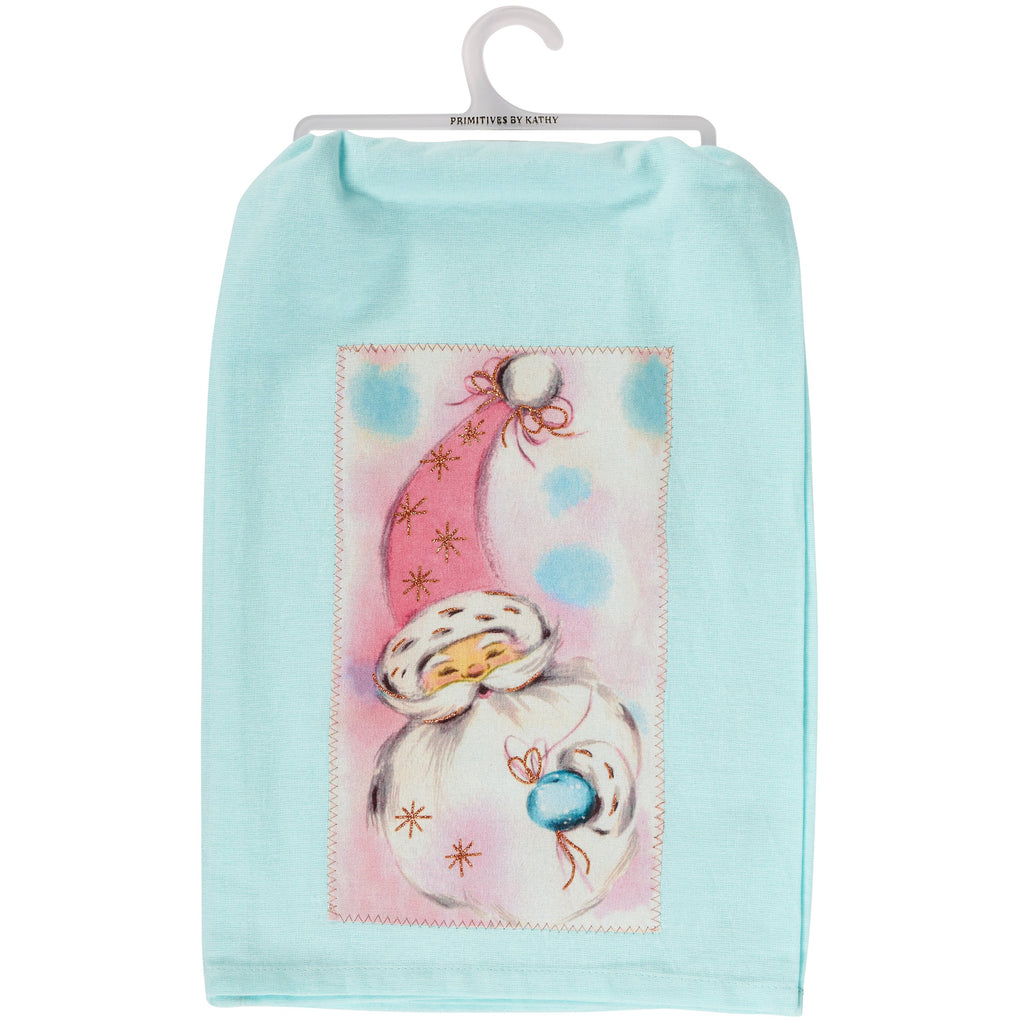 pastel blue Christmas kitchen towel with retro Santa design, pink hat, and gold glitter stitching