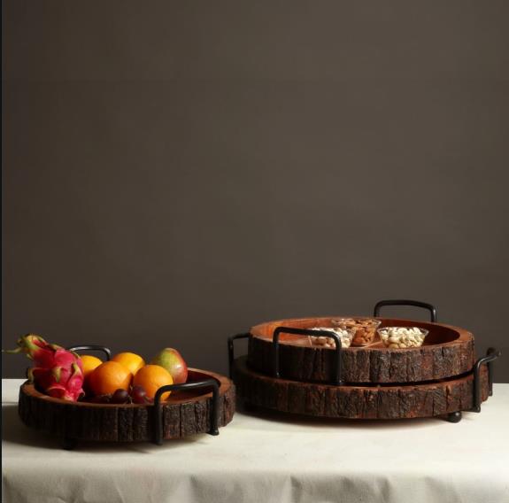 Round Bark Wood Tray w/ Handles Set | Cornell's Country Store