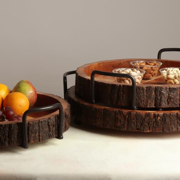 Round Bark Wood Tray w/ Handles Set | Cornell's Country Store