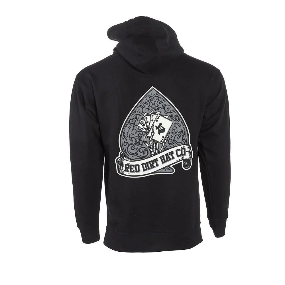 "Hold ’Em hoodie back graphic with cards and Red Dirt Hat Co banner"