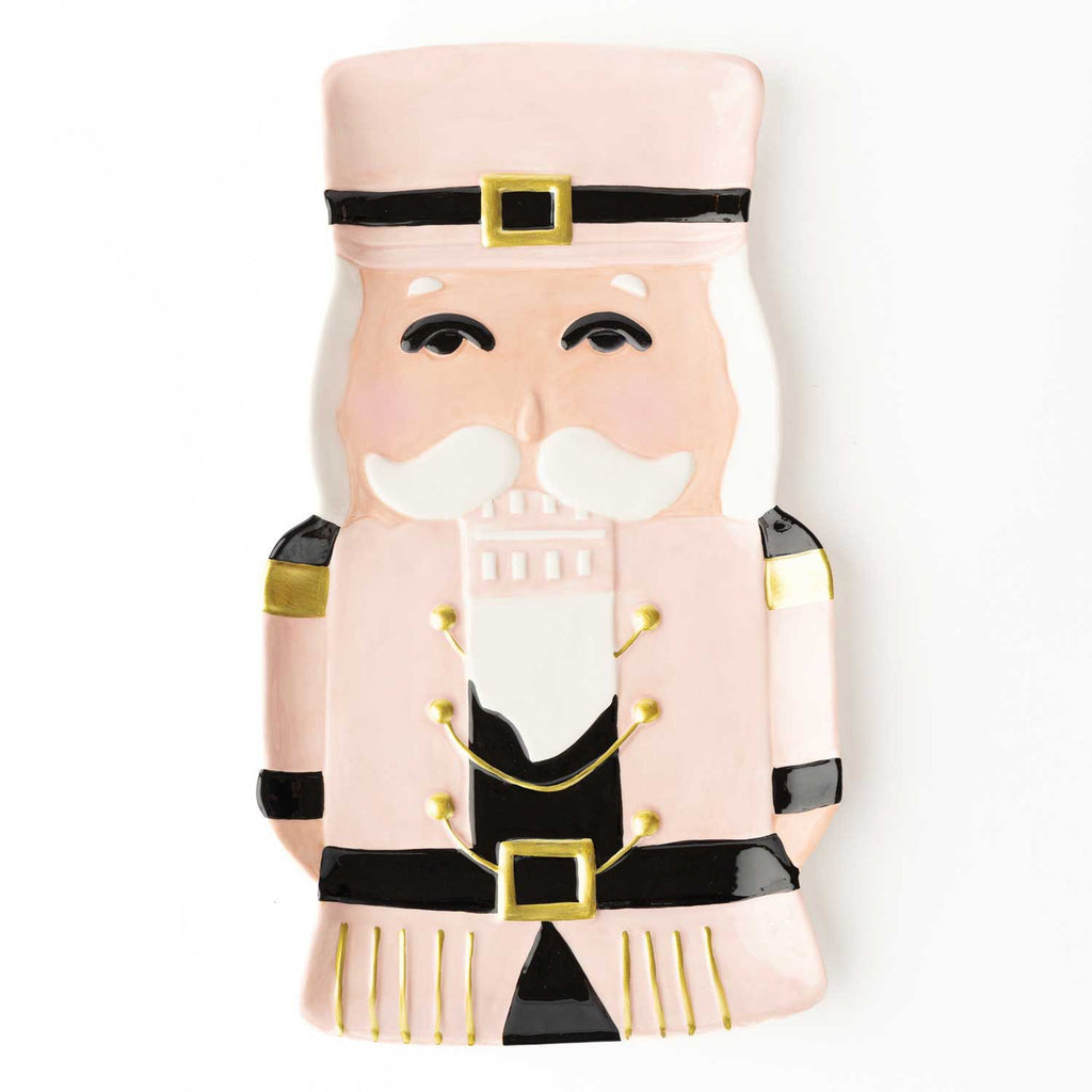 Pink Nutcracker ceramic platter with gold and black accents for Christmas serveware