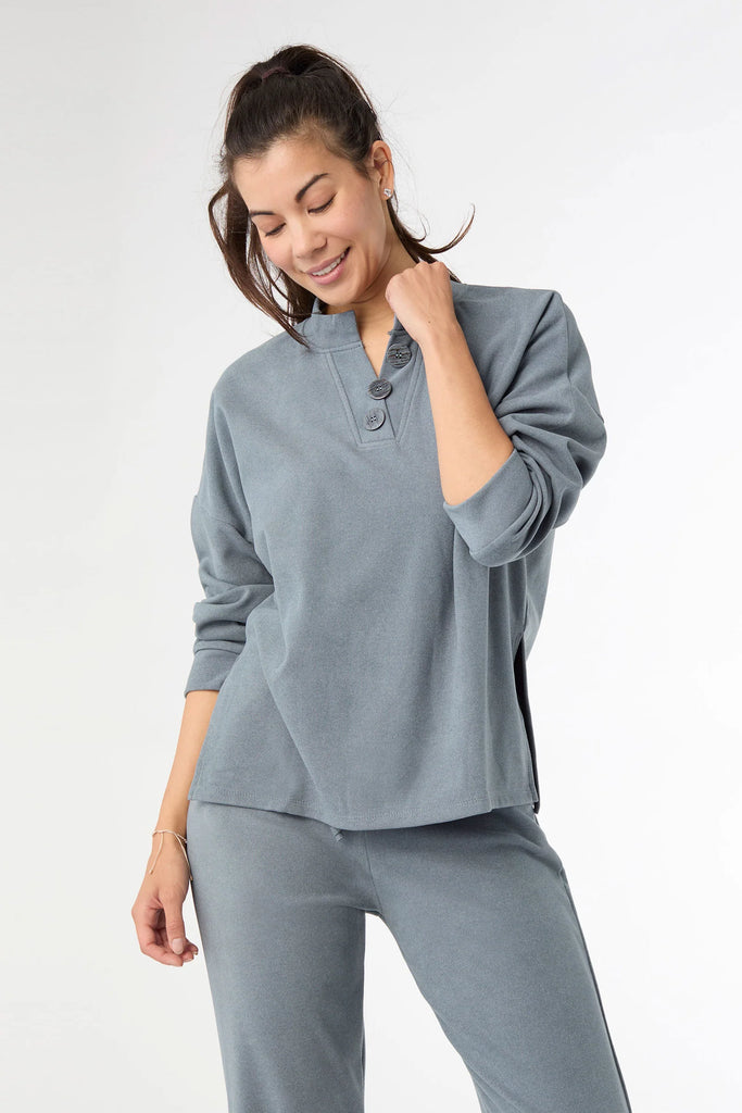 Weekend Brushed Henley Top in soft brushed fabric with buttons and relaxed fit.