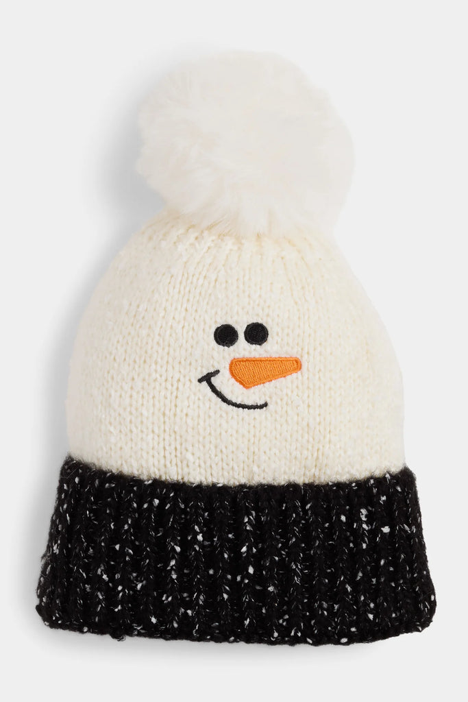 Marled knit snowman hat with pom and cozy winter design.