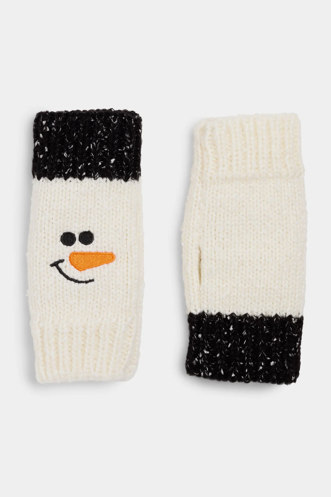 Snowman fingerless gloves with marled knit and festive winter design.