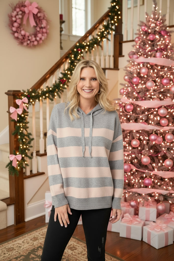 Coco + Carmen Heavenly Luxe Stripe Pullover with Hood in heather grey and dusty rose stripes. Soft lightweight knit sweater.