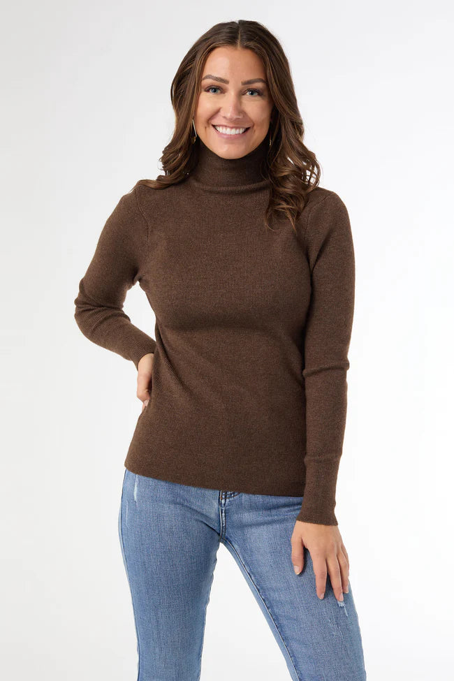 Kamryn Funnel Neck Rib Knit Top in soft brown with slim fit, rib texture, and cozy funnel neckline.