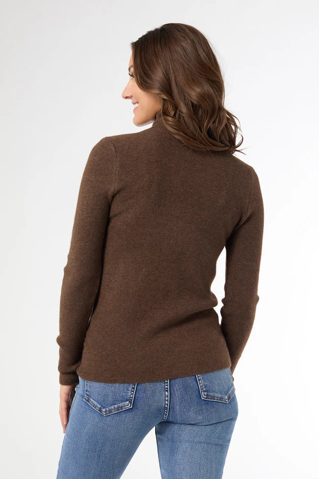 Kamryn Funnel Neck Rib Knit Top in soft brown with slim fit, rib texture, and cozy funnel neckline.