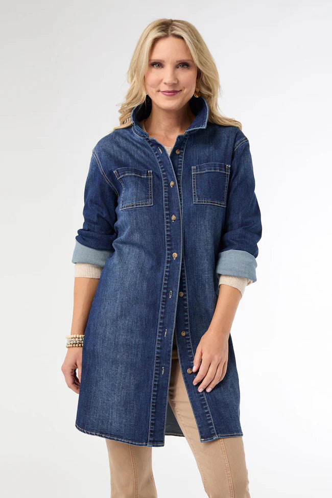 Soft stretch dark denim shacket with button front and longline fit,