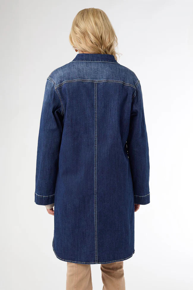 Soft stretch dark denim shacket with button front and longline f