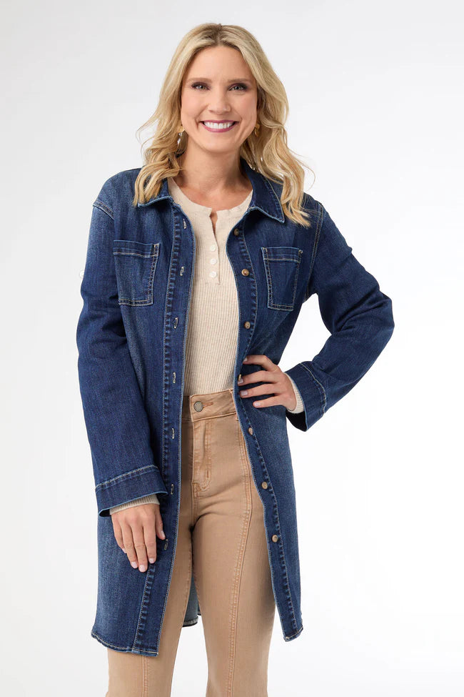 Soft stretch dark denim shacket with button front and longline fit,