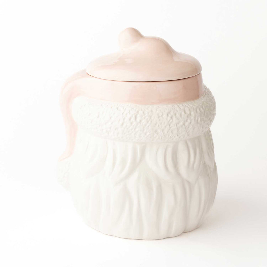 Pink Santa ceramic cookie jar with white beard and festive holiday design