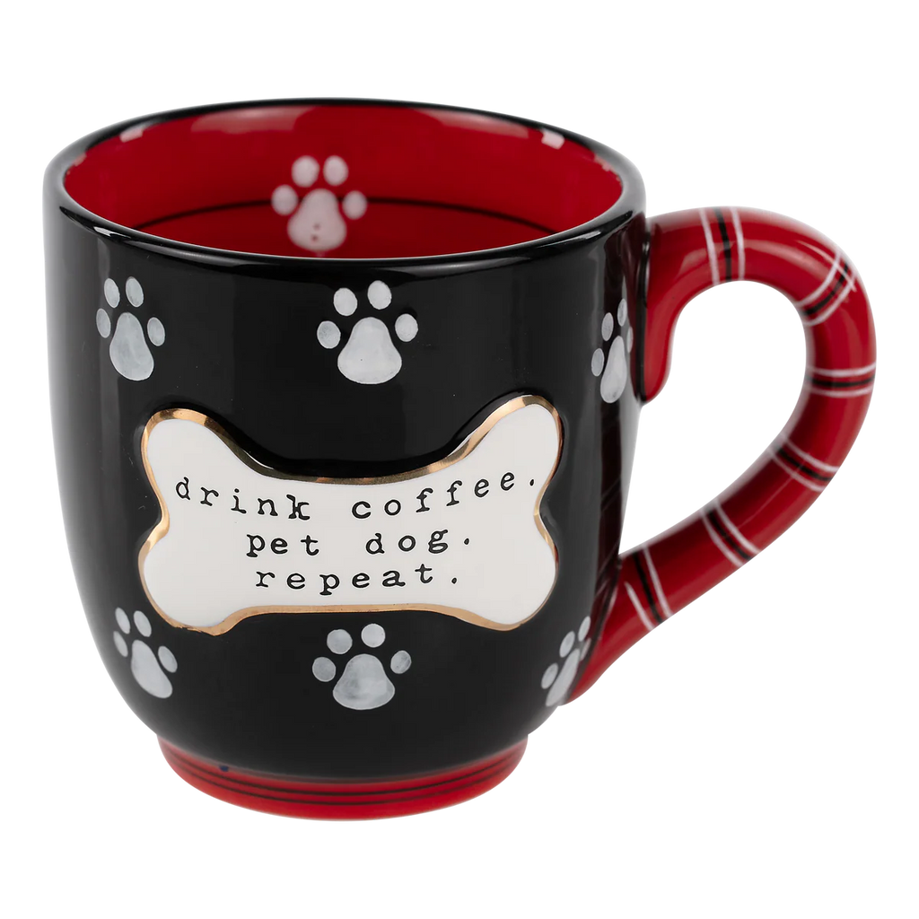 Black and red Glory Haus mug with paw prints and quote “Drink Coffee Pet Dog Repeat”
