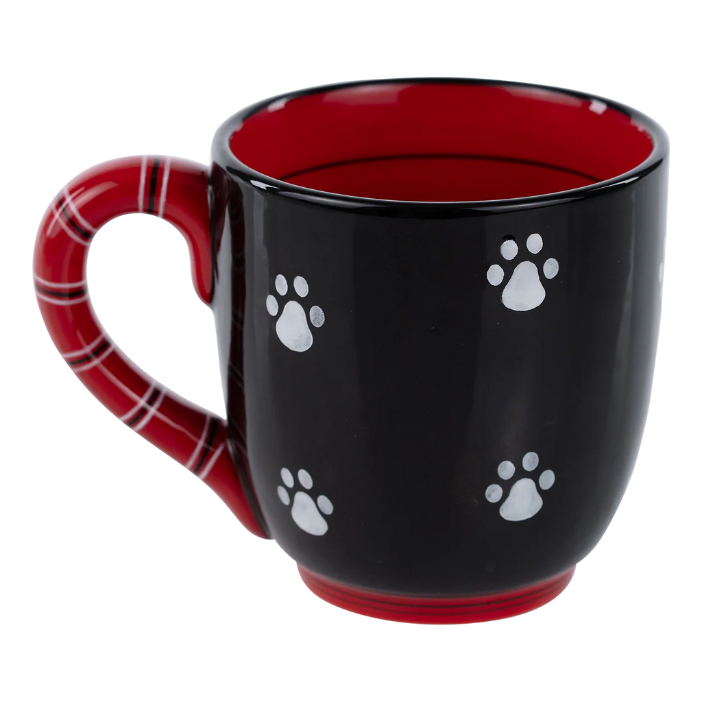 Black and red Glory Haus mug with paw prints and quote “Drink Coffee Pet Dog Repeat”