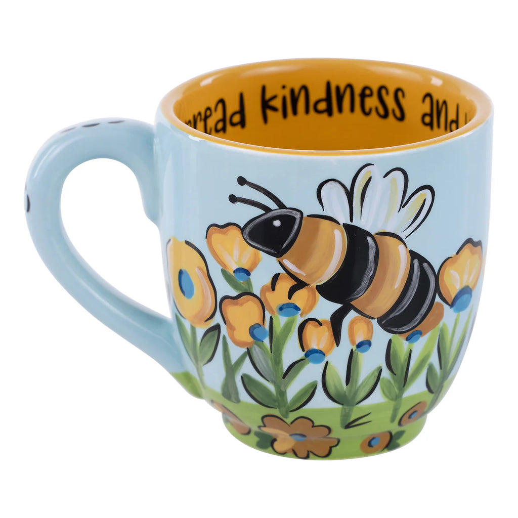 Bee Kind Flower Mug with hand-painted floral design and bee motif by Glory Haus