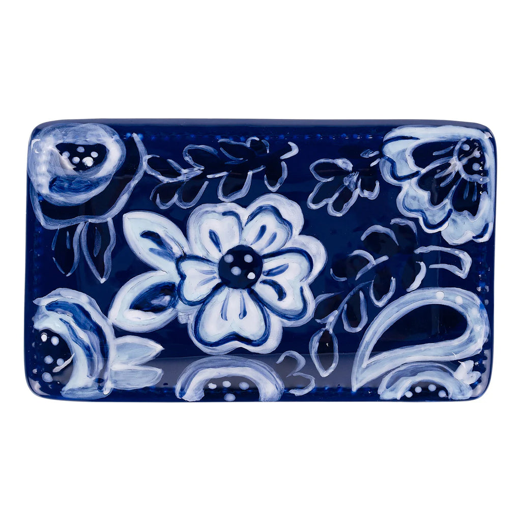 Blue and white floral ceramic trinket tray, hand-painted