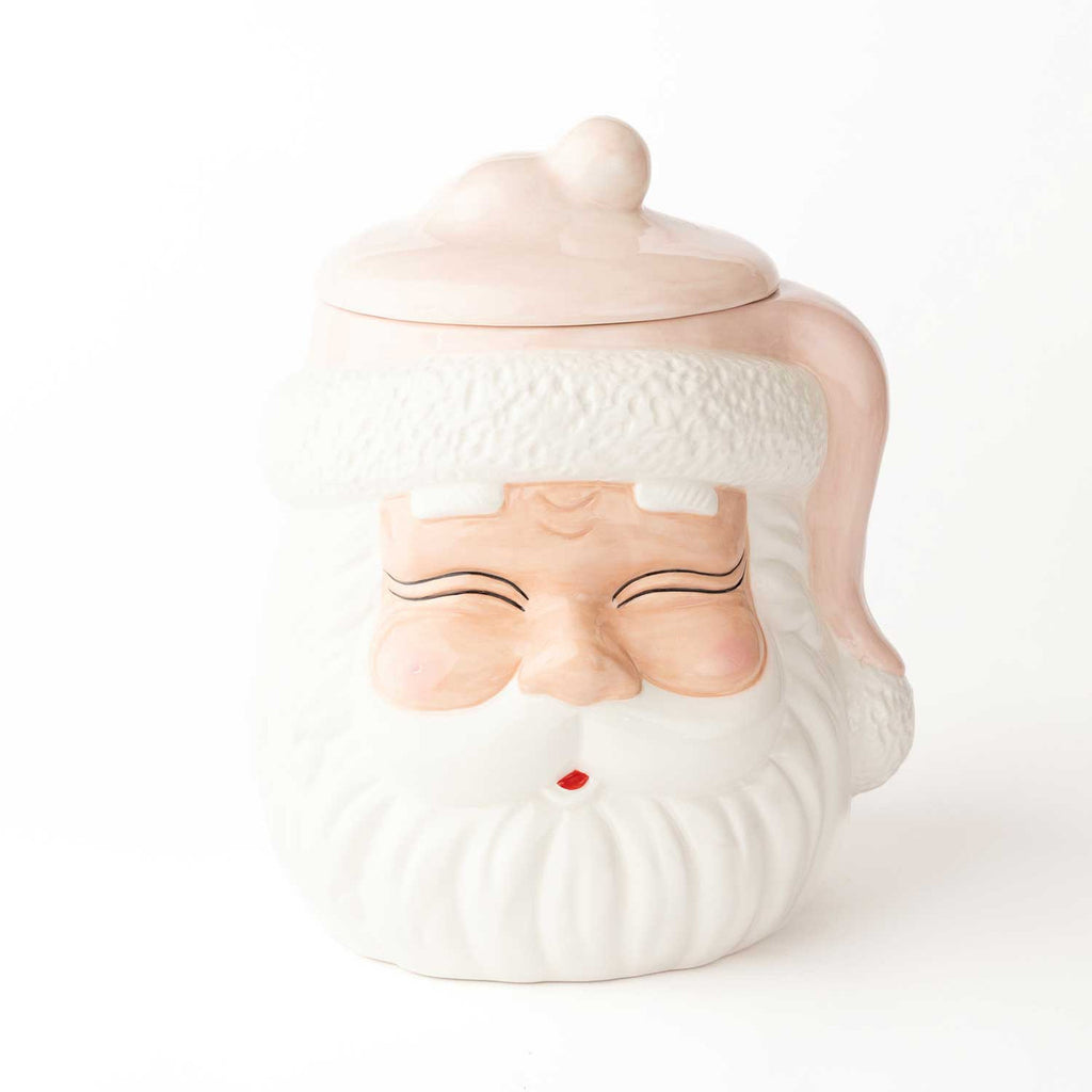 Pink Santa ceramic cookie jar with white beard and festive holiday design
