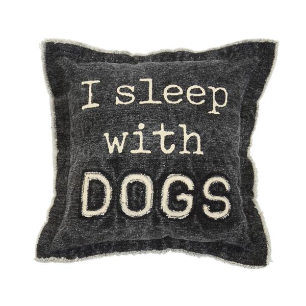 Mud Pie washed canvas pillow with “I Sleep With Dogs” text and frayed trim