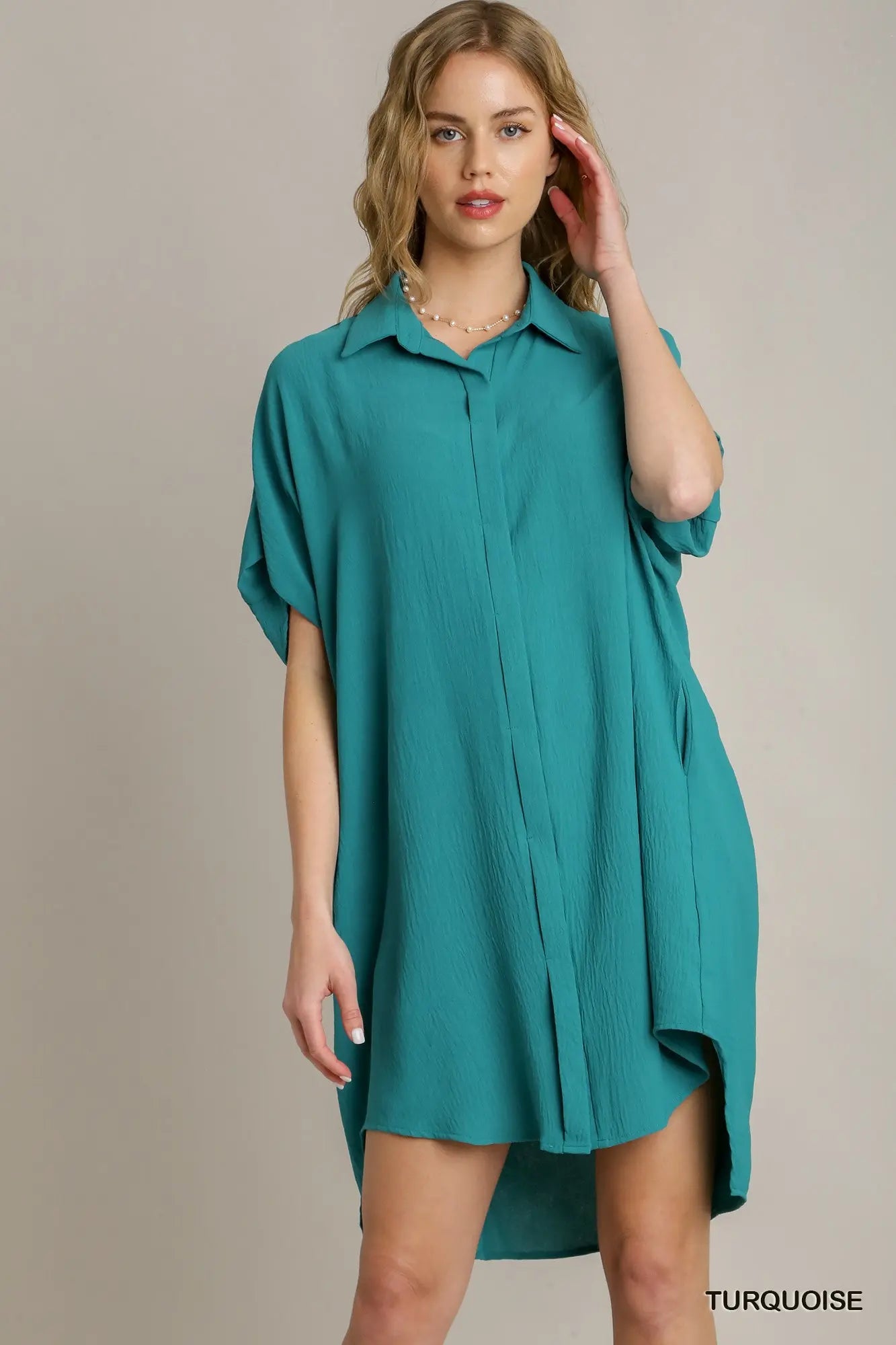 Turquoise High Low Shirt Dress with Pockets