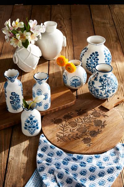 Large hand-stamped blue floral stoneware bud vase with wavy rim – 8-inch decorative vase

