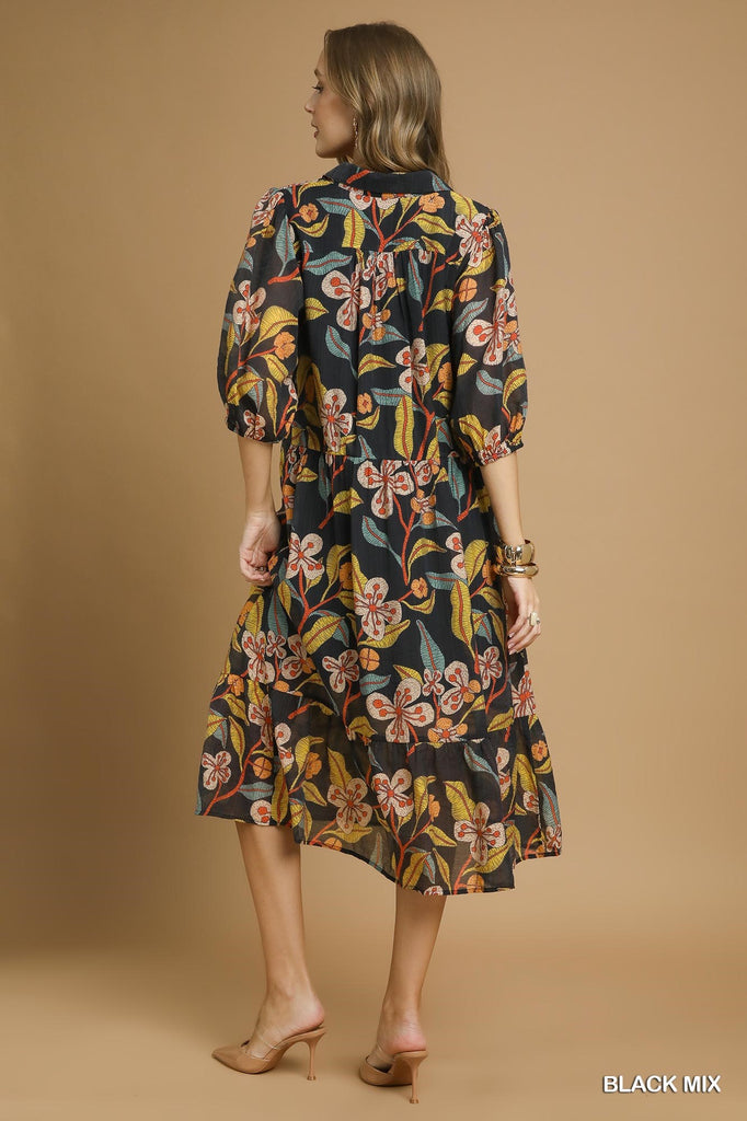 Back view of Mixed Floral Print Midi Dress with ¾ sleeves