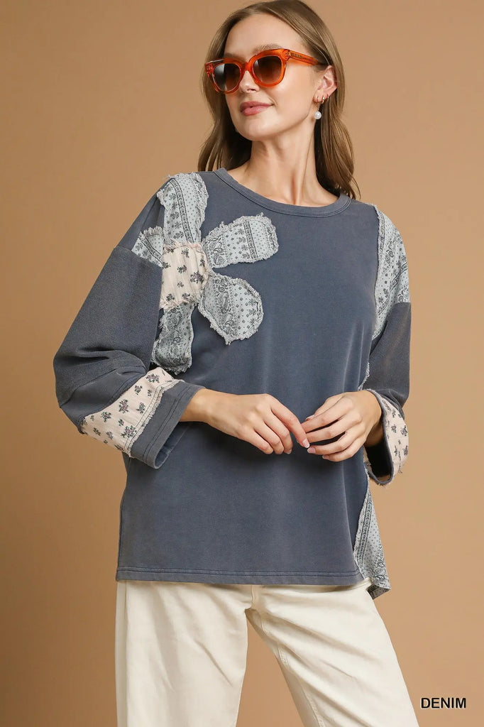 Woman wearing French Terry Patchwork Sleeve Pullover in denim with floral & paisley wide sleeves