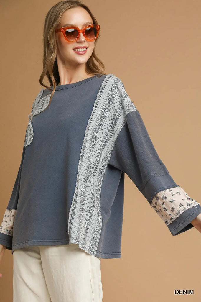 Styled outfit: French Terry Patchwork Pullover with light pants and sunglasses