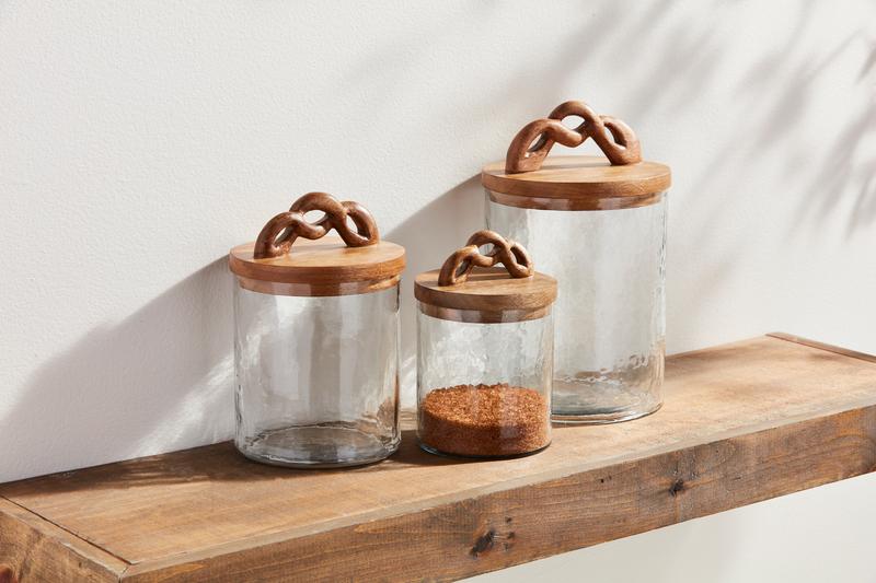 Glass Canister Set with Twisted Mango Wood Handles – Set of 3

