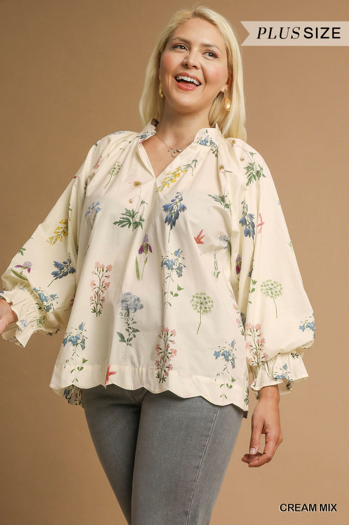 plus size Woman wearing Floral Ruffle Neck Blouse 