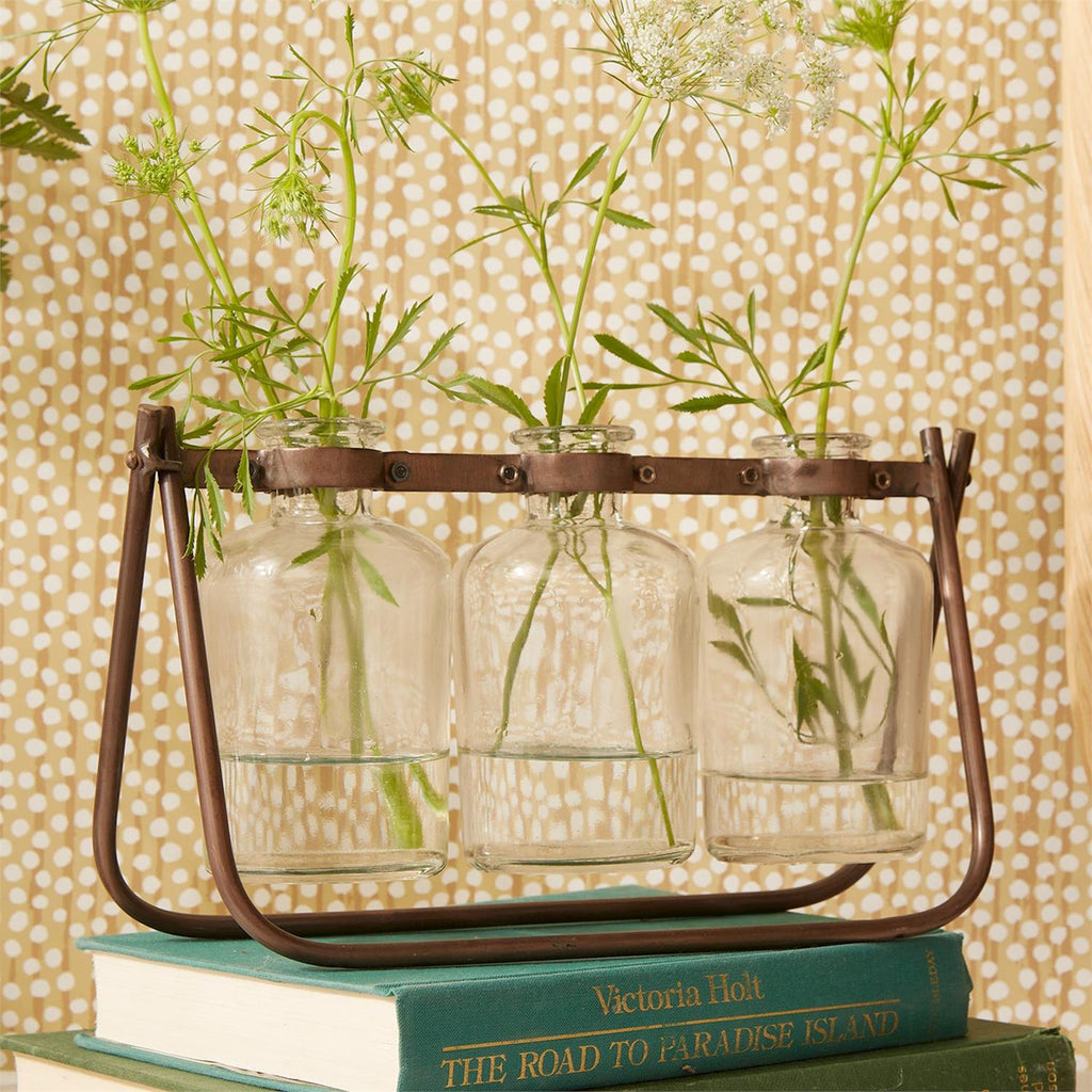 Handcrafted glass and metal flower arranger centerpiece