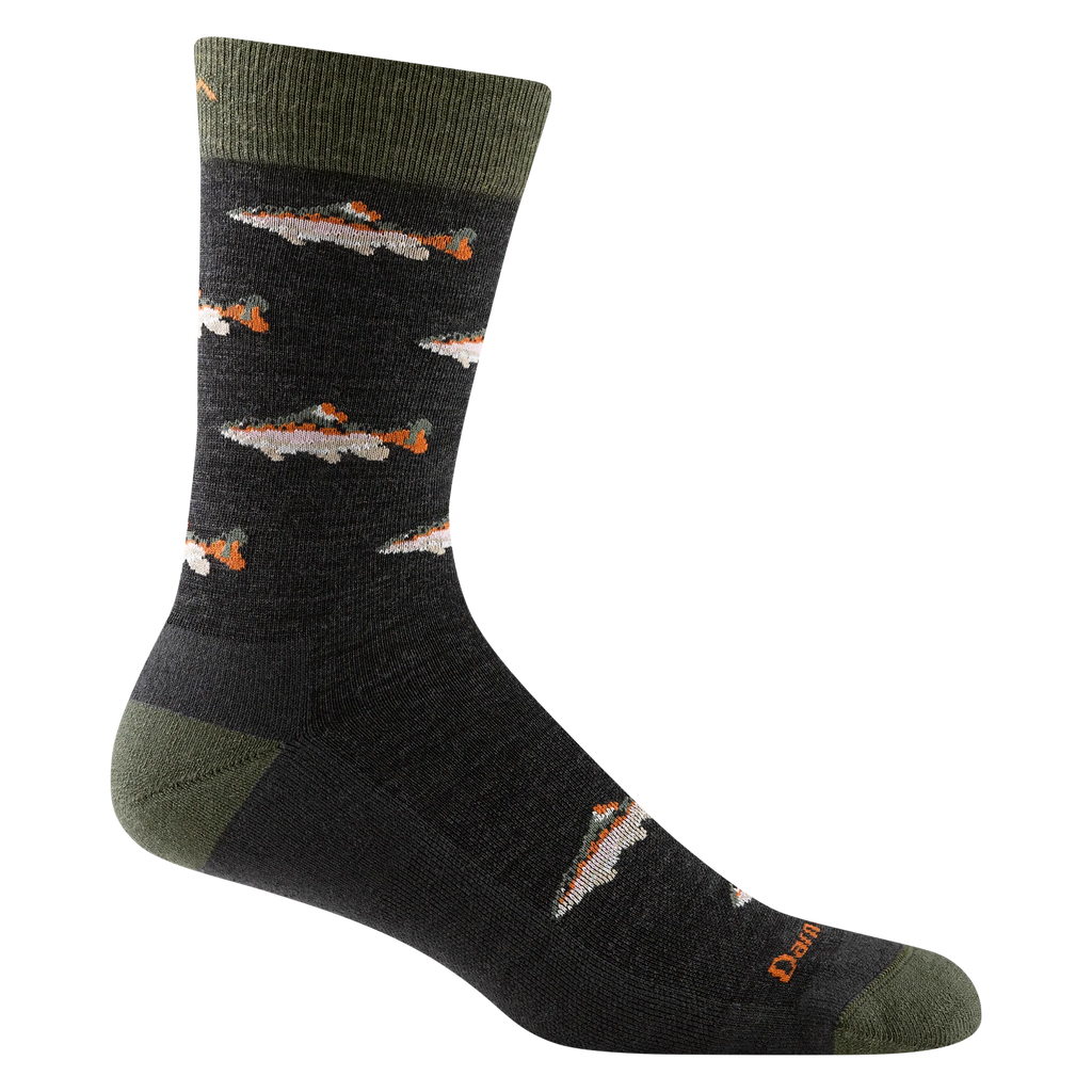 Men’s Darn Tough Fish crew socks in charcoal with trout pattern and lifetime guarantee