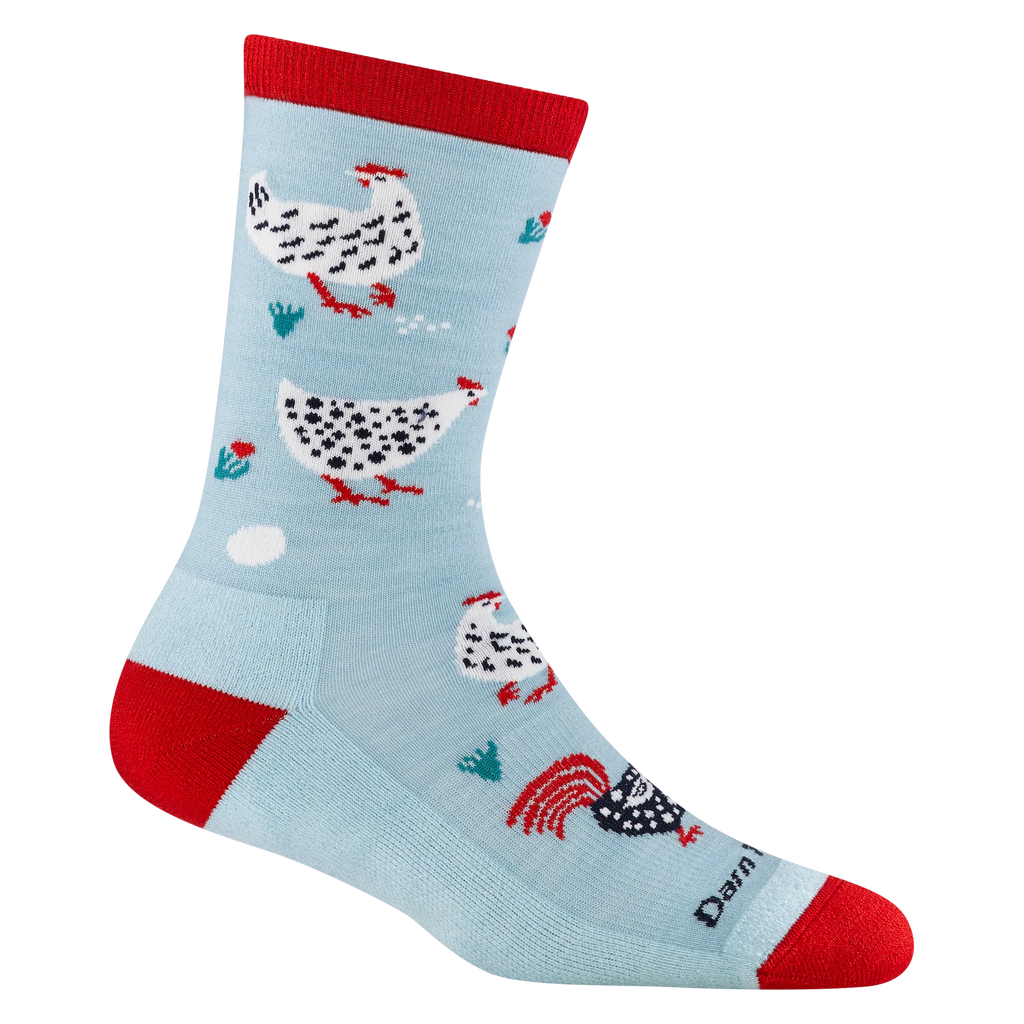 Blue Darn Tough Mother Clucker crew socks with chicken design