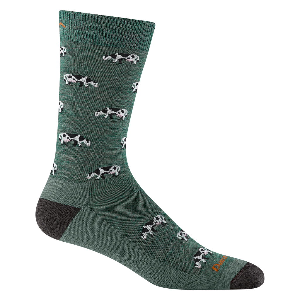 Green Darn Tough Dairy Air crew socks with cow and cookie design