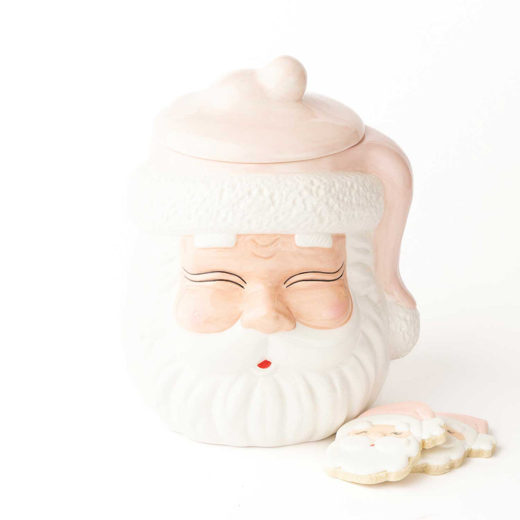 Pink Santa ceramic cookie jar with white beard and festive holiday design