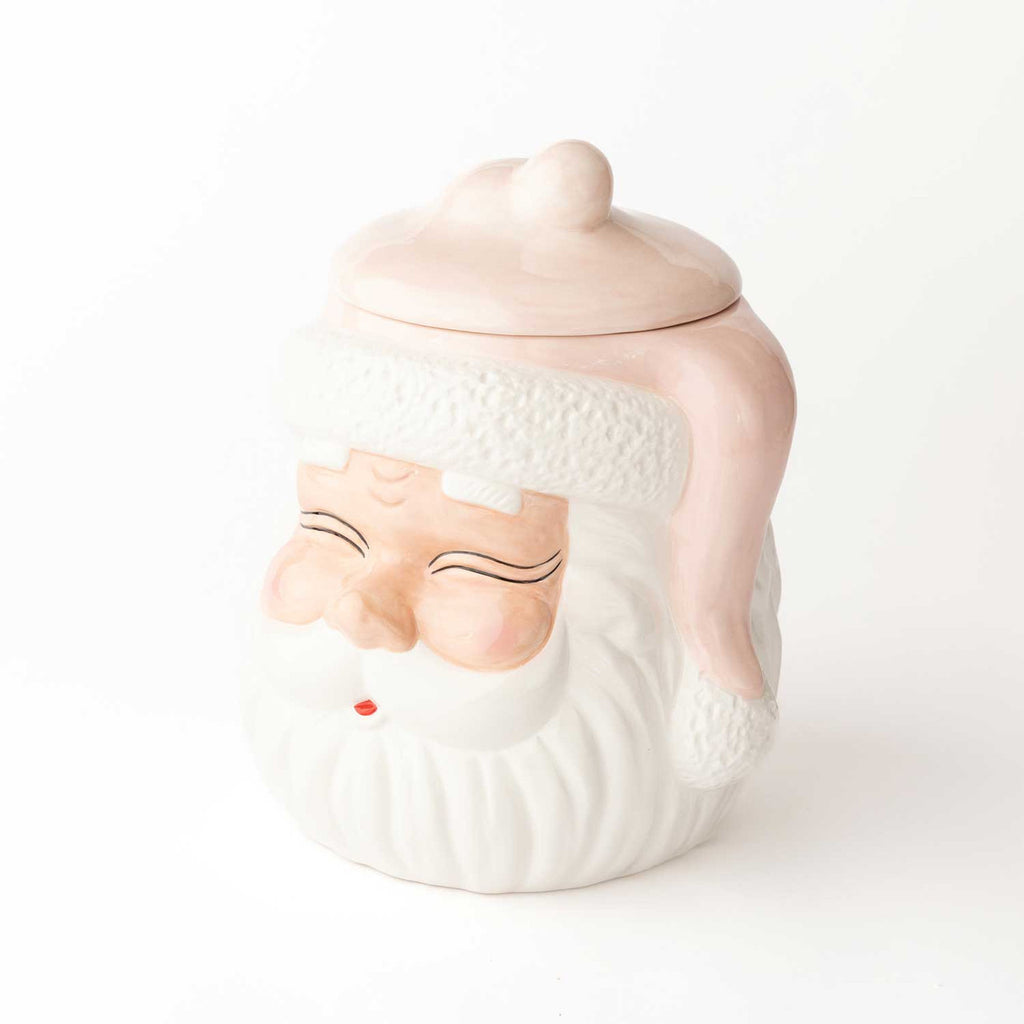 Pink Santa ceramic cookie jar with white beard and festive holiday design