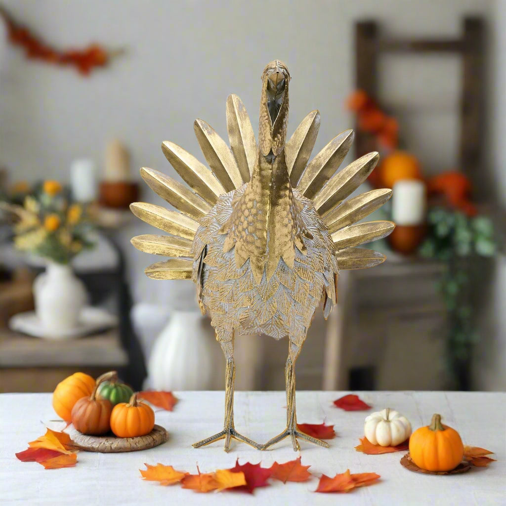 Handcrafted Galvanized Gold Turkey Décor by Two’s Company – 20" Tall with Detachable Tail Feather