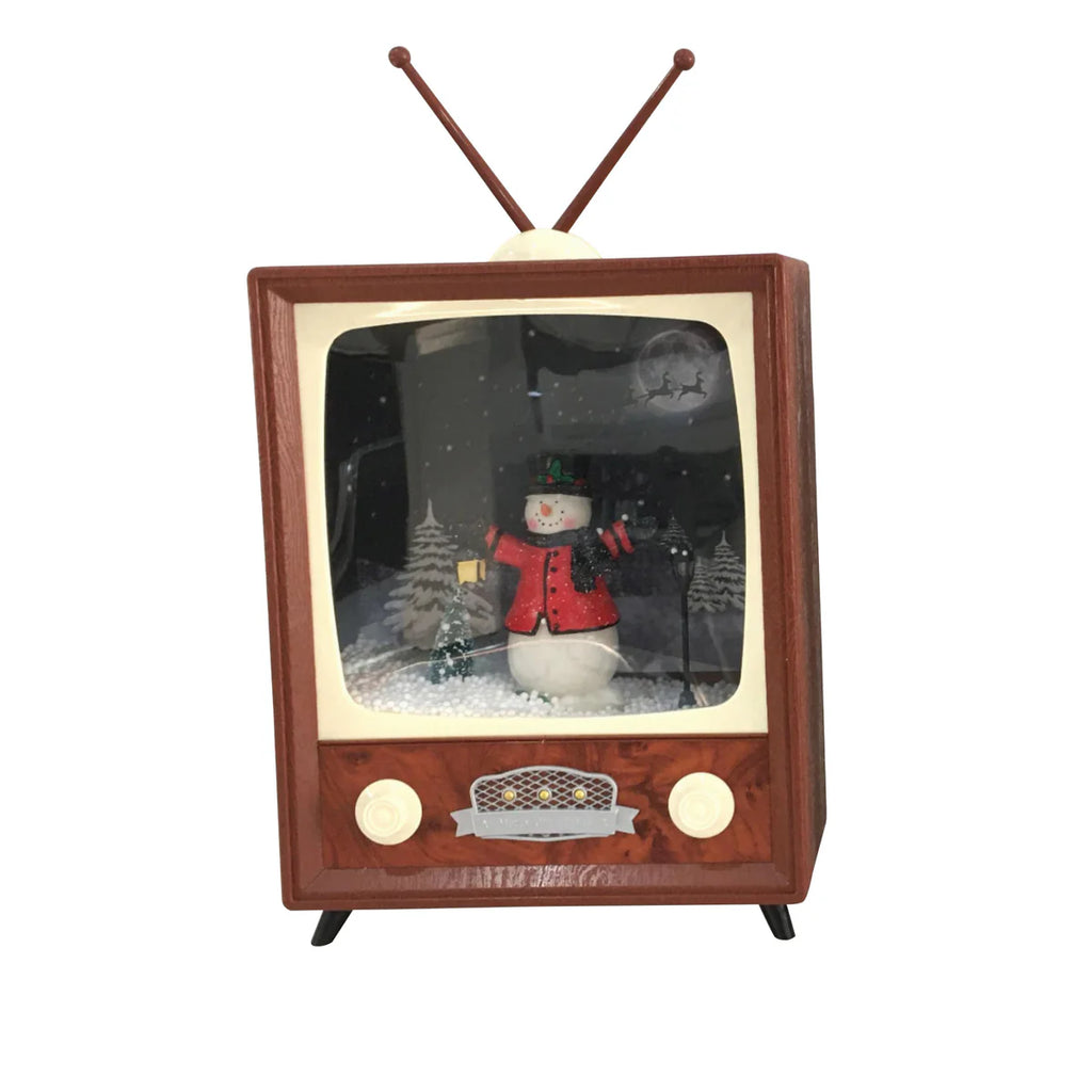 Mini retro wooden TV with lighted snowman Christmas scene