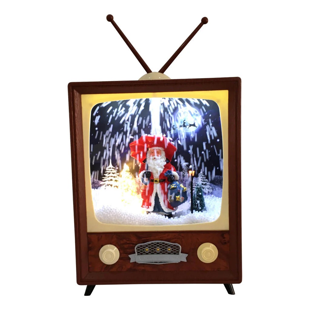 Mini retro wooden TV with lighted Santa Christmas scene