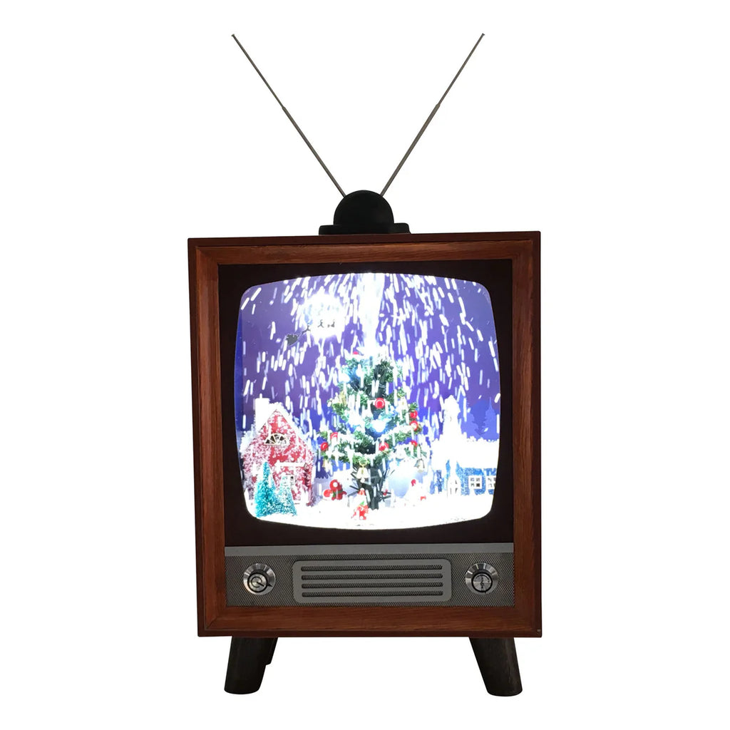 Retro wooden TV with lighted Christmas tree scene