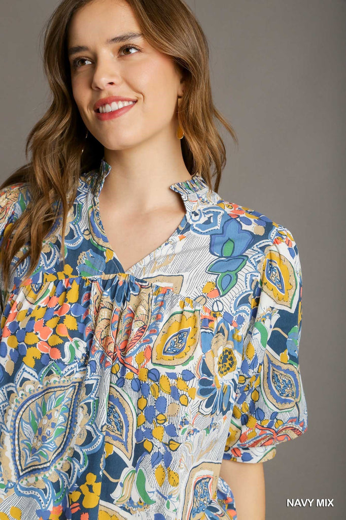 Navy Mix Print Split Neck Top | Cornell's Country Store