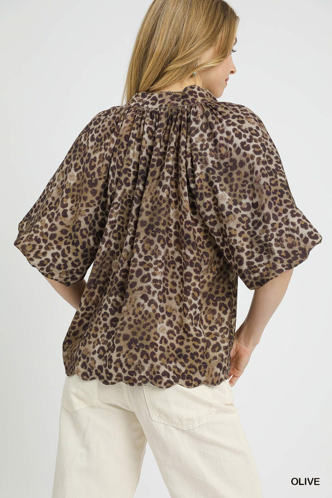 Women’s olive leopard blouse with loose fit, dropped shoulders, and bubble sleeves


