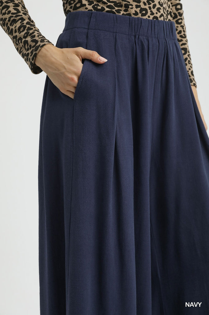 Women’s navy palazzo pants in linen blend with wide leg silhouette

