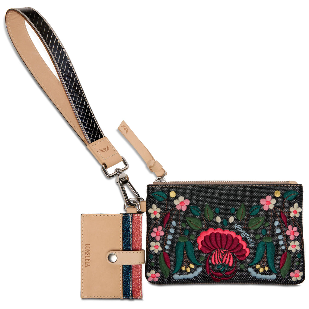 Consuela Combi Ava set with embroidered pouch, leather card wallet, and metallic wristlet