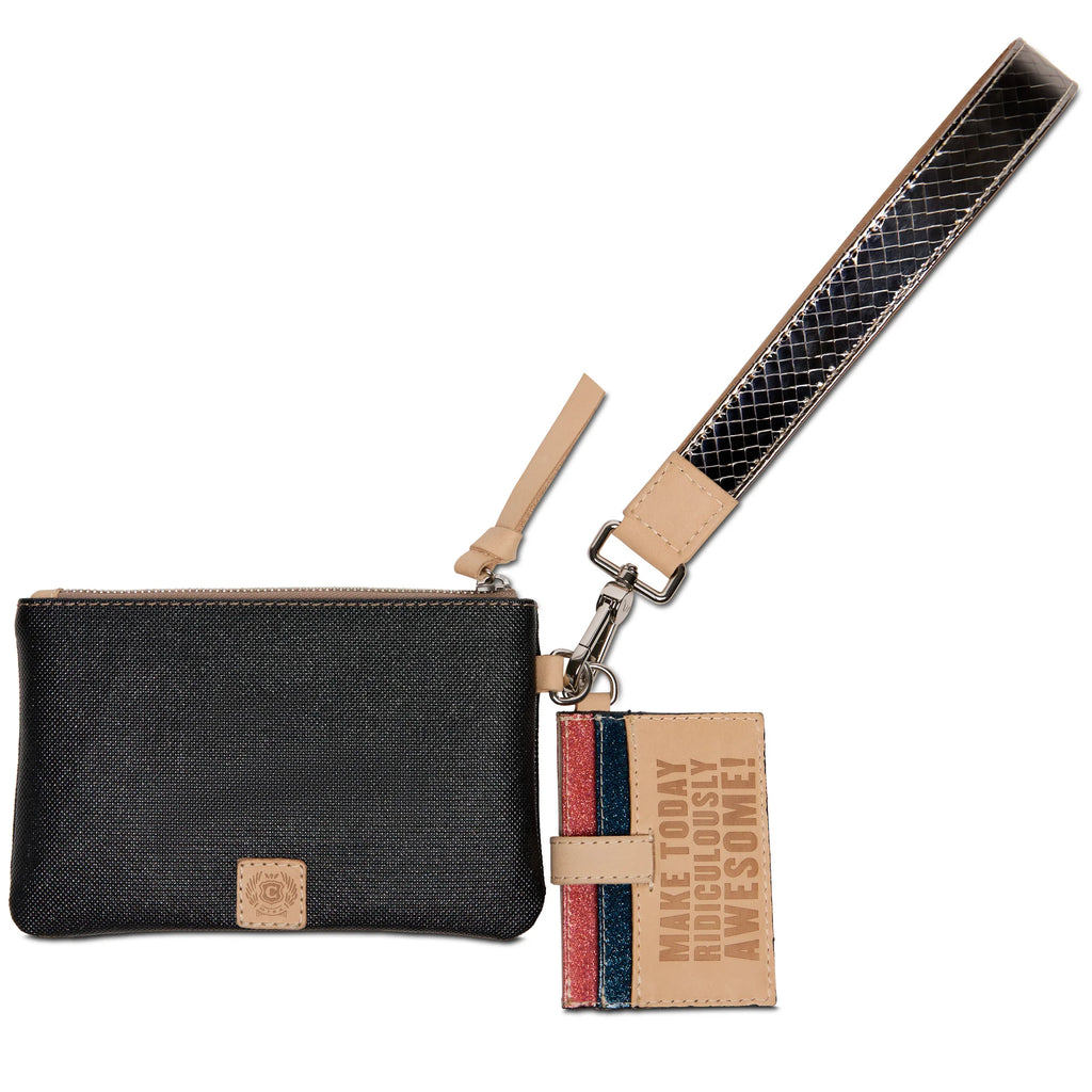 Consuela Combi Ava set with embroidered pouch, leather card wallet, and metallic wristlet