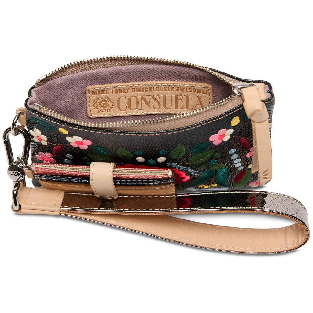 Consuela Combi Ava set with embroidered pouch, leather card wallet, and metallic wristlet