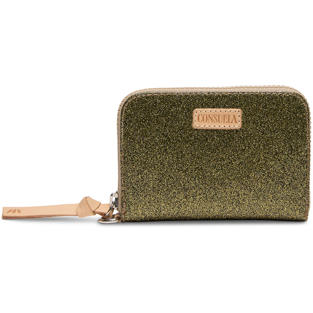 Consuela Oly Zippy Wallet in olive green glitter with zip closure