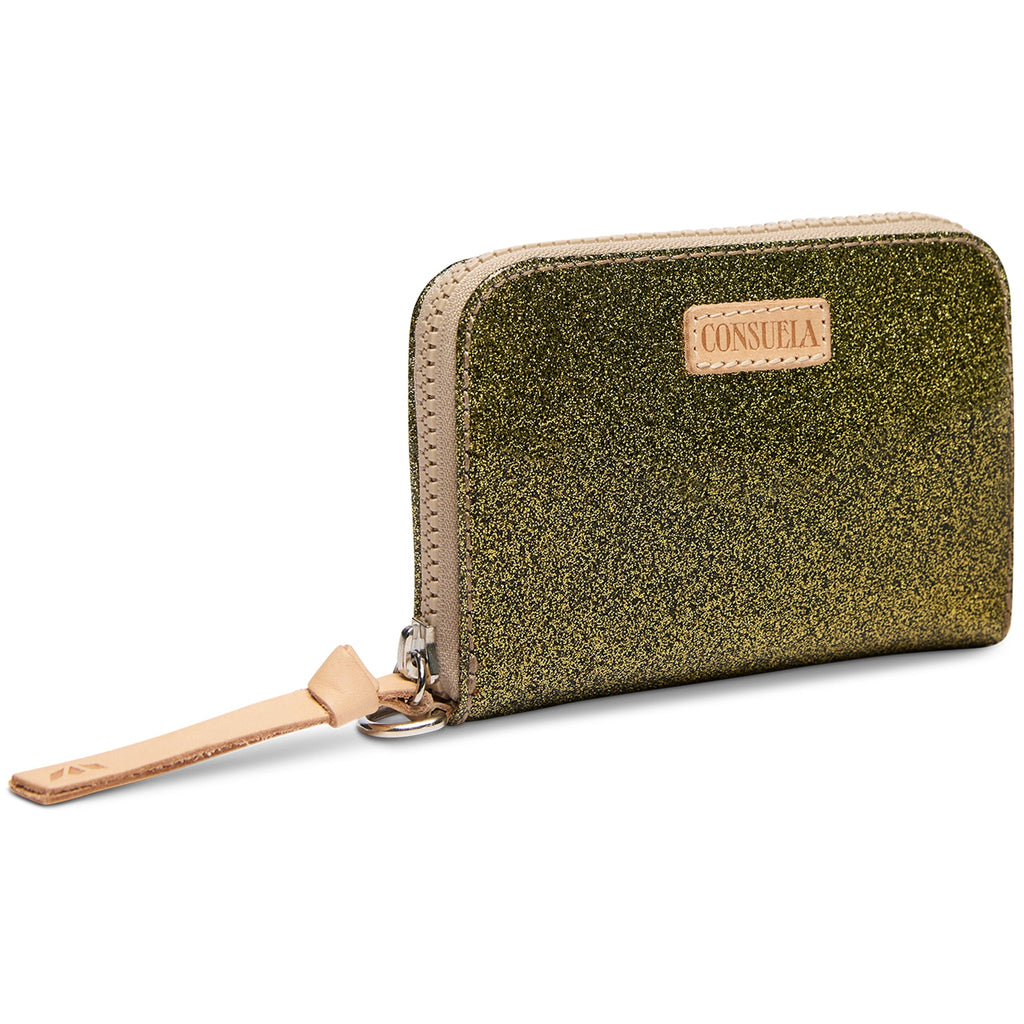 Consuela Oly Zippy Wallet in olive green glitter with zip closure